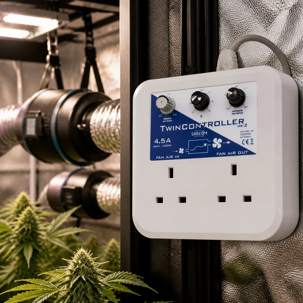 Escena generada del TwinController MK2 SMSCOM con tres mandos y dos tomas, junto a conductos de ventilación y plantas de cannabis.
