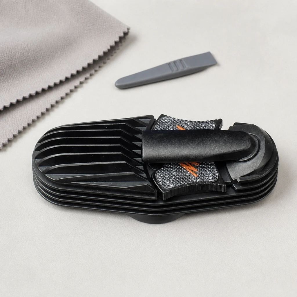 Unidad de enfriamiento MIGHTY Plus negra con aletas y boquilla plegada, sobre una mesa junto a un paño y una herramienta gris.