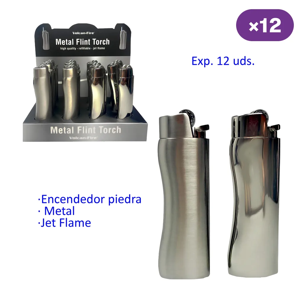 Encendedores V-Fire de acabado mate y brillante junto a un expositor, con textos «Metal Flint Torch», «Jet Flame» y caja de 12 unidades.