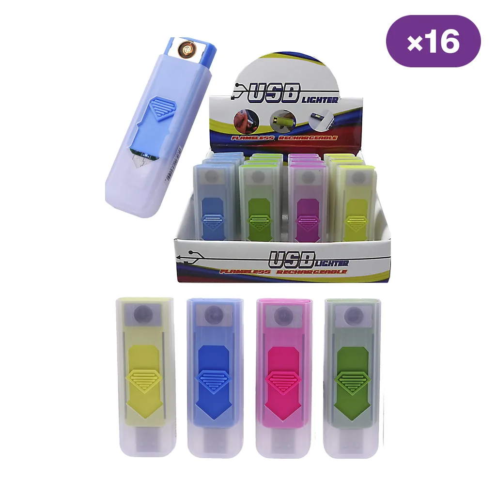 Expositor de encendedores USB V-Fire en amarillo, azul, rosa y verde, con botón deslizante; uno muestra la resistencia y figura 16 unidades. Expositor de encendedores USB V-Fire en amarillo, azul, rosa y verde, con botón deslizante; uno muestra la resistencia y figura 16 unidades.