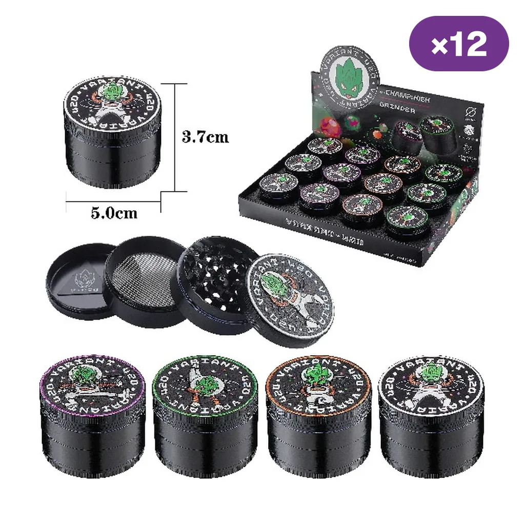 Grinders V420 negros con bordes de distintos colores, vista de las piezas separadas y expositor marcado con 12 unidades.