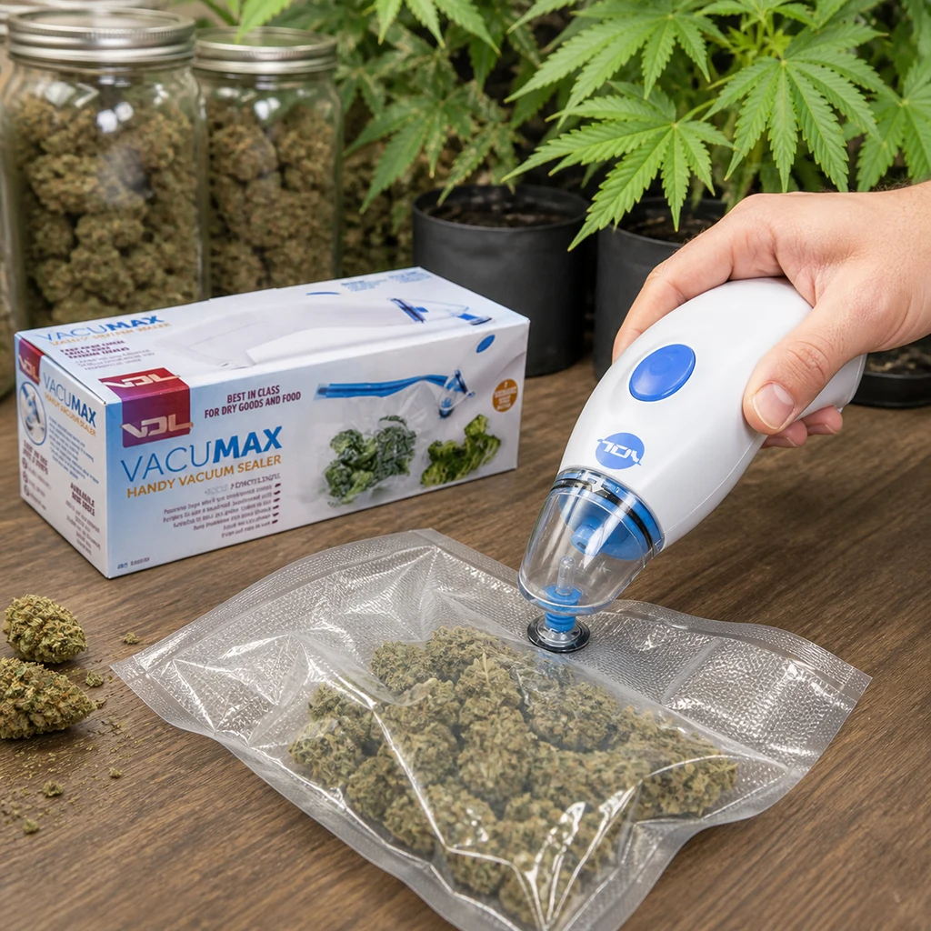 Escena generada de una mano con el sellador Vacumax sobre la válvula de una bolsa con cogollos, junto a su caja y plantas.