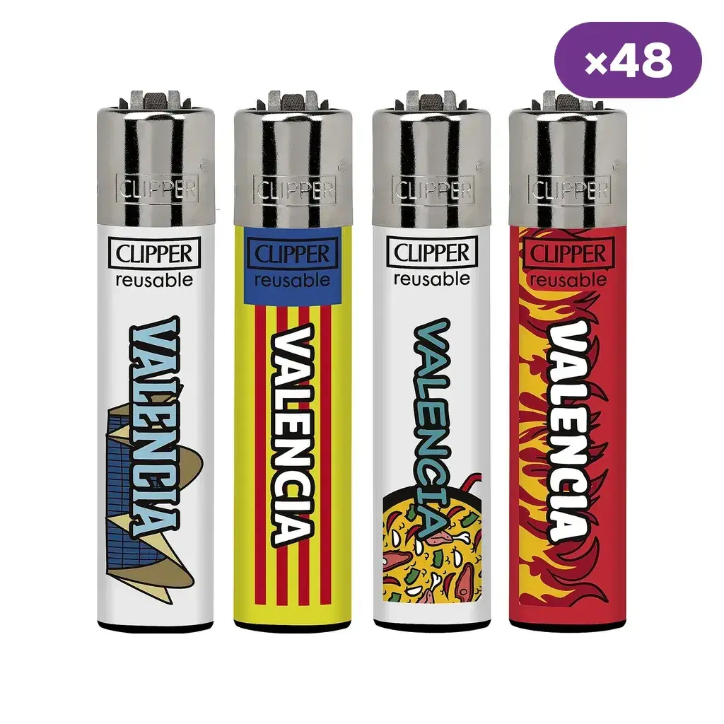 Selección de encendedores Clipper con diseños de Valencia: edificio, franjas rojas y amarillas, paella y llamas; distintivo de 48 unidades.