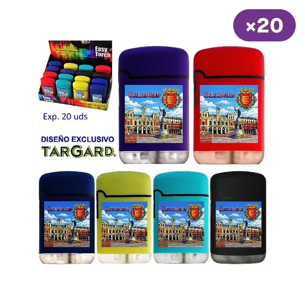 Encendedores Valladolid en varios colores con una plaza y un escudo impresos, junto a un expositor y la indicación de 20 unidades.