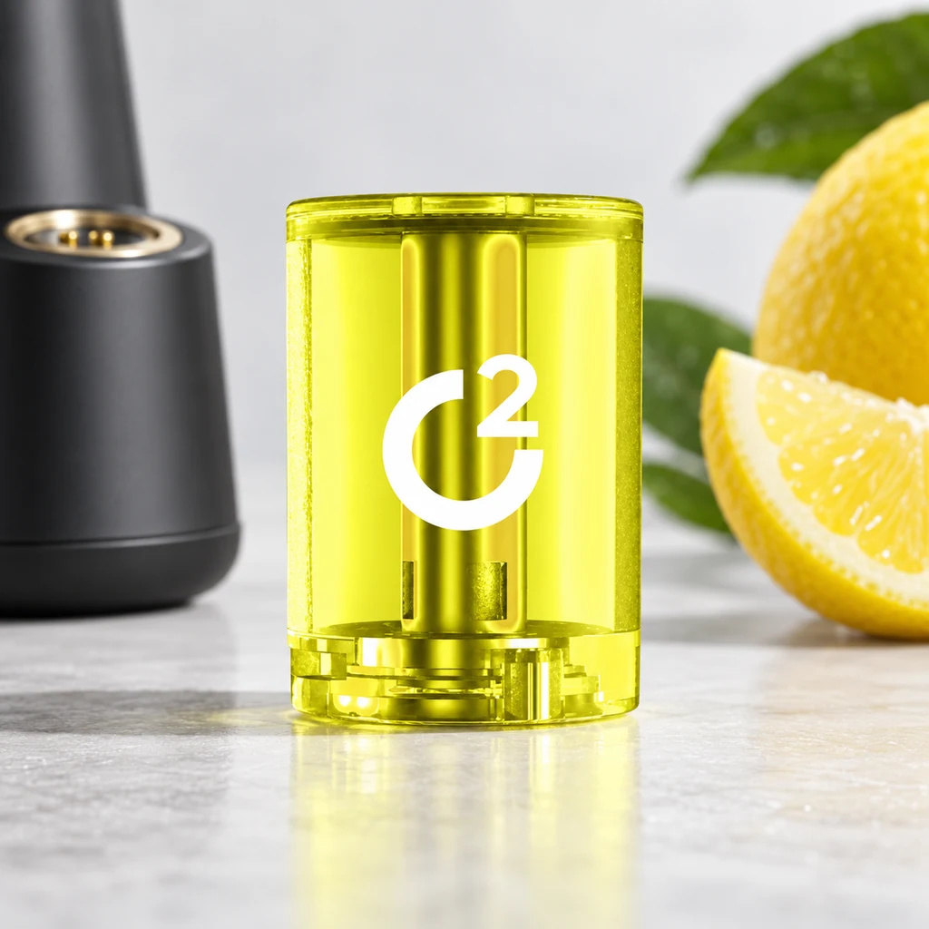 Cartucho amarillo translúcido con logotipo C2 en primer plano, junto a un dispositivo negro y un limón entero con una rodaja.