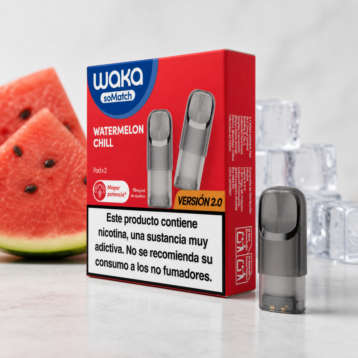 Caja roja Waka Watermelon Chill versión 2.0 junto a un cartucho gris, con trozos de sandía y cubitos de hielo al fondo.