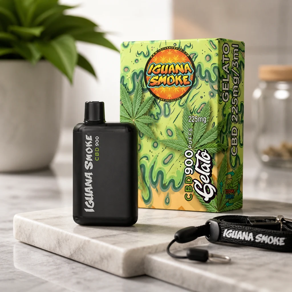 Vape negro Iguana Smoke CBD 900 junto a su caja verde Gelato y una cinta de la marca, sobre una base clara.