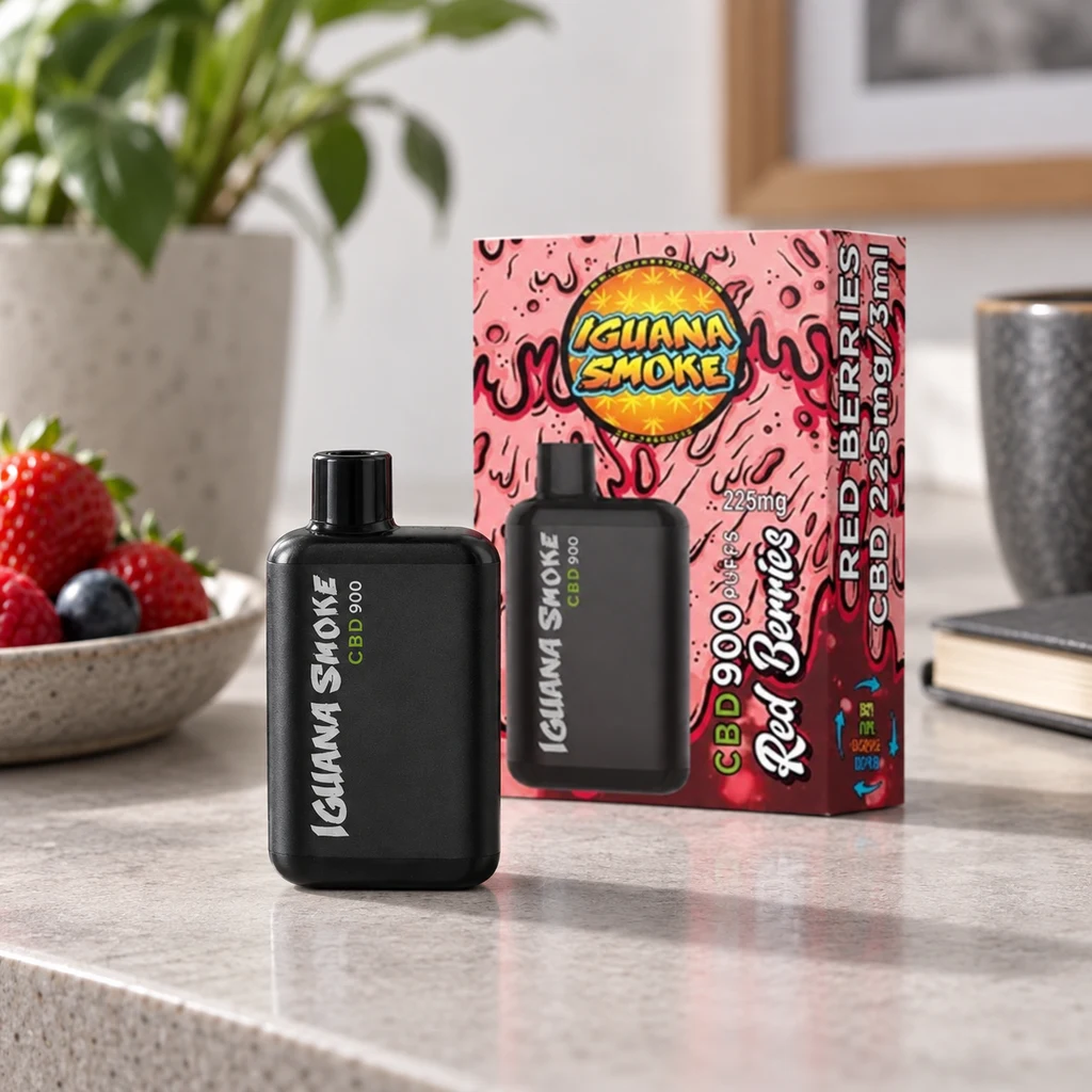 Vape negro Iguana Smoke CBD 900 Bayas Rojas junto a su caja rosa sobre una encimera, con un cuenco de frutos rojos al fondo.
