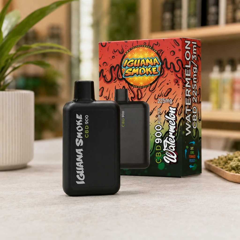 Vape negro Iguana Smoke CBD 900 ante su caja Watermelon roja y verde, sobre una mesa con una maceta y estantes desenfocados al fondo.