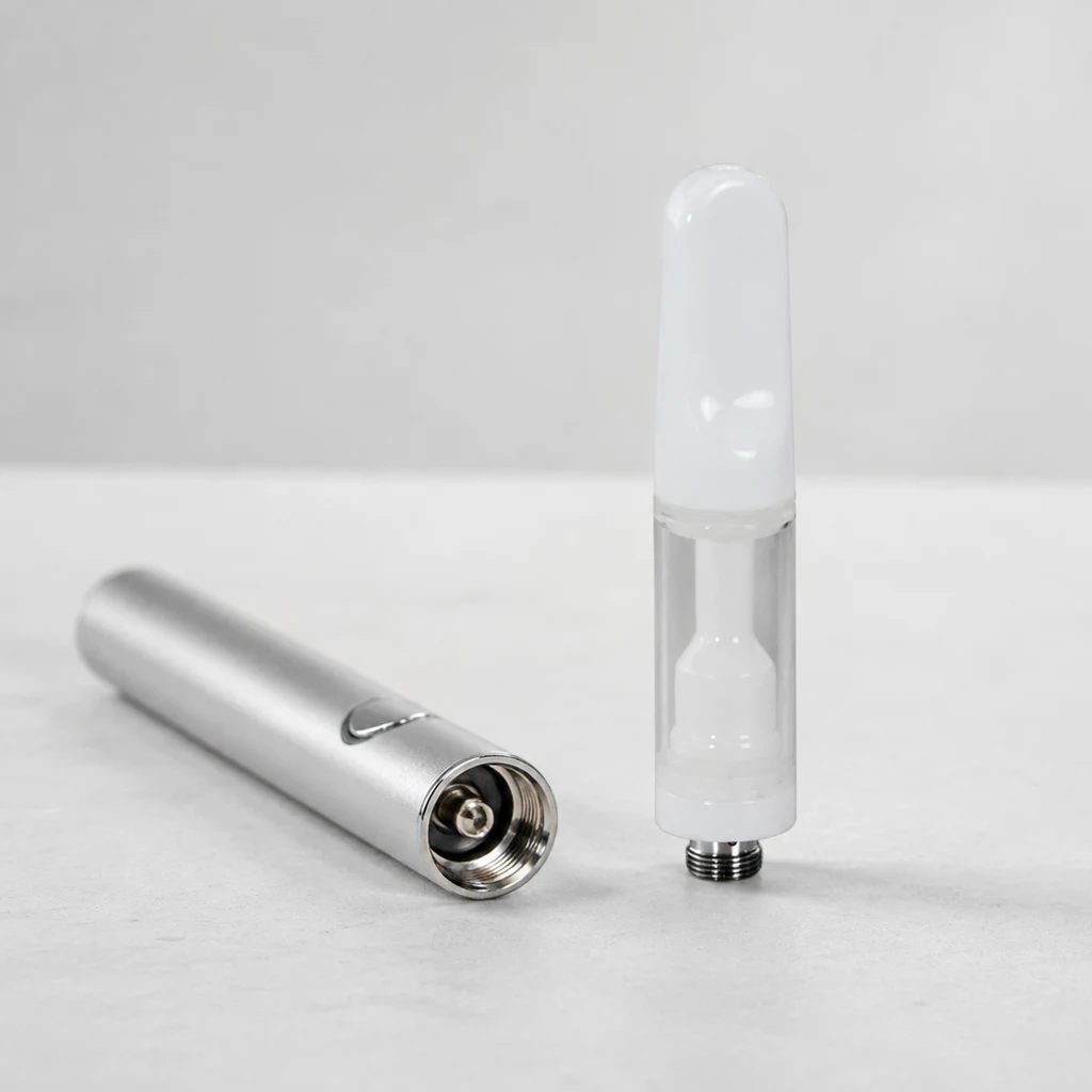 Escena generada de un cartucho de vaper con boquilla blanca y depósito transparente, junto a una batería plateada separada.