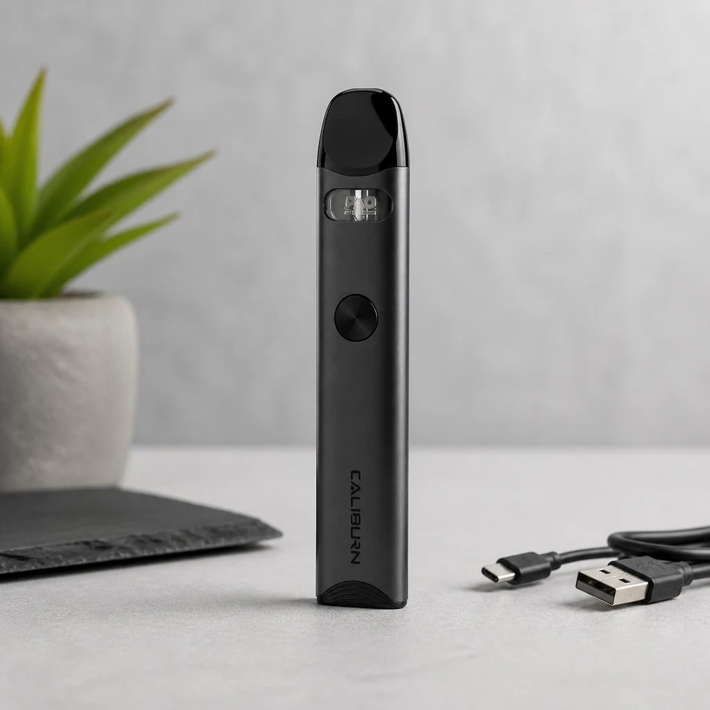 Uwell Caliburn gris oscuro en posición vertical, con boquilla negra, ventana y botón circular, junto a un cable USB sobre una mesa.