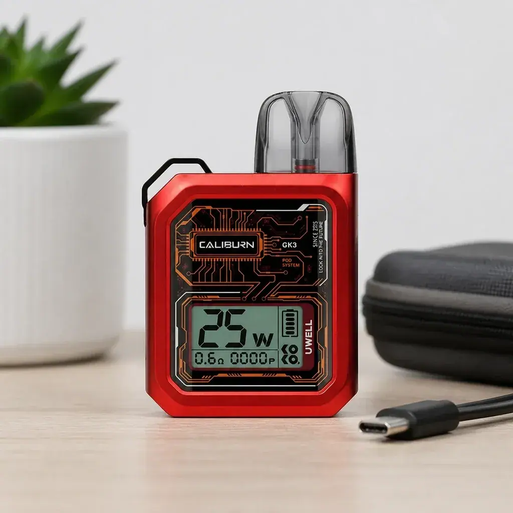 Uwell Caliburn GK3 rojo con boquilla translúcida y pantalla que indica 25 W, sobre una mesa junto a un cable USB y un estuche.