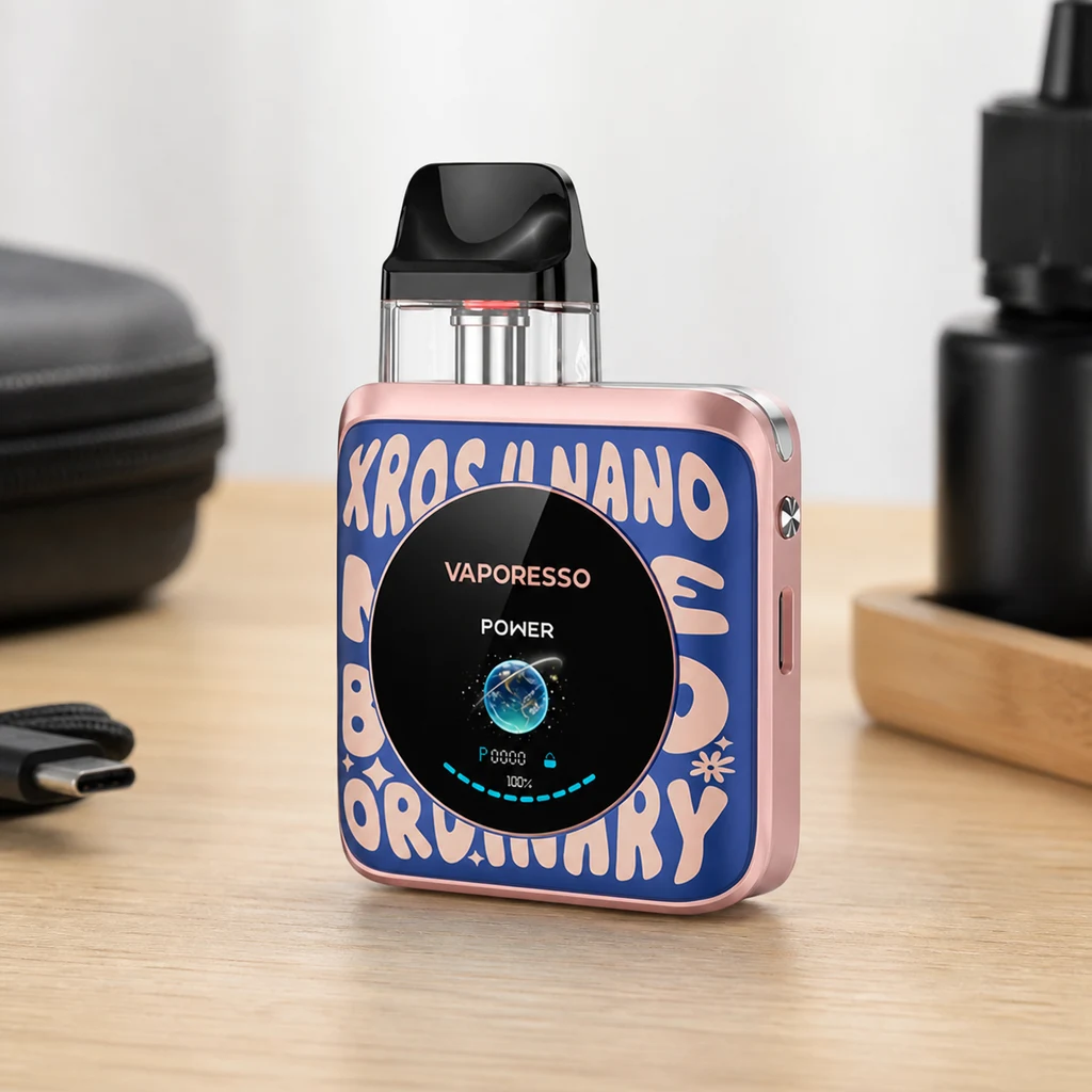 Vaporesso Xros 4 Nano con frontal azul de letras rosas, marco rosa y pantalla circular encendida, sobre una mesa de madera. Vaporesso Xros 4 Nano con frontal azul de letras rosas, marco rosa y pantalla circular encendida, sobre una mesa de madera.