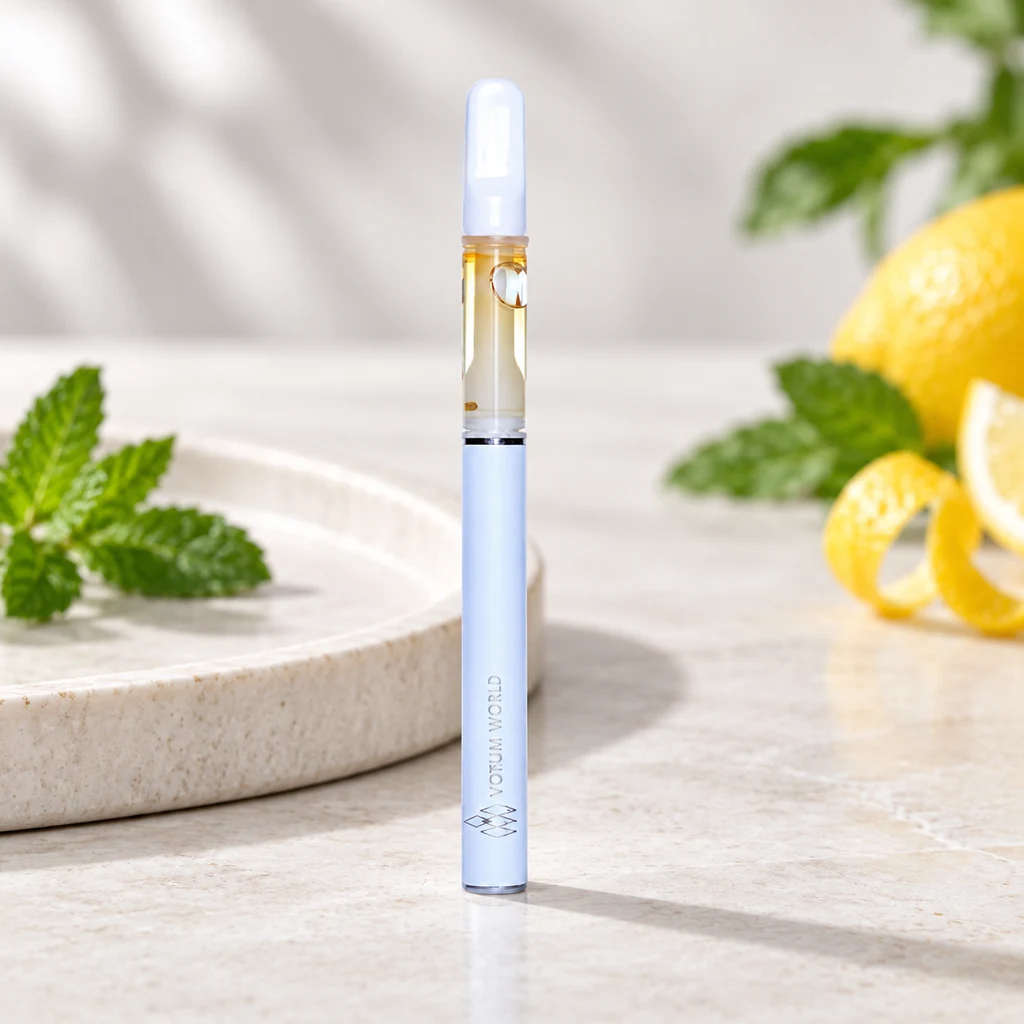 Vaper Votum World azul claro en posición vertical, con depósito transparente y líquido dorado, junto a limón y hojas verdes.