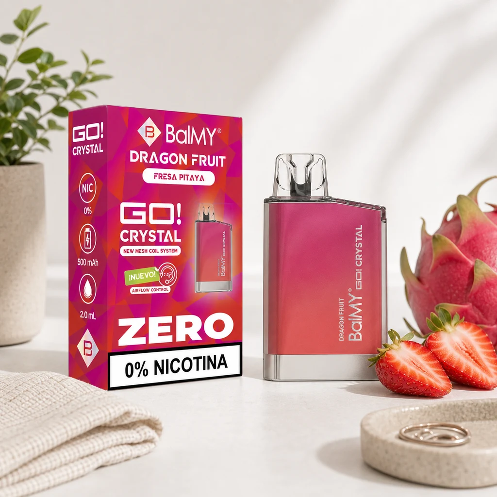 Vaper Dragon Fruit Balmy Go Crystal rosa con boquilla transparente, junto a su caja con texto «0% nicotina», fresas y una pitaya.