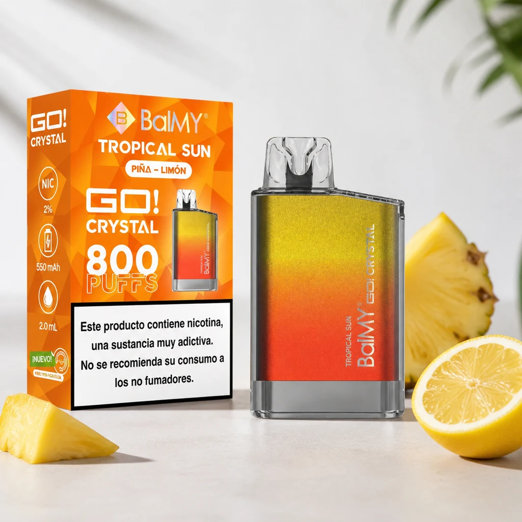 Vapeador BalMY Tropical Sun de amarillo a naranja junto a su caja Piña-Limón, con 800 puffs indicados, piña y medio limón.