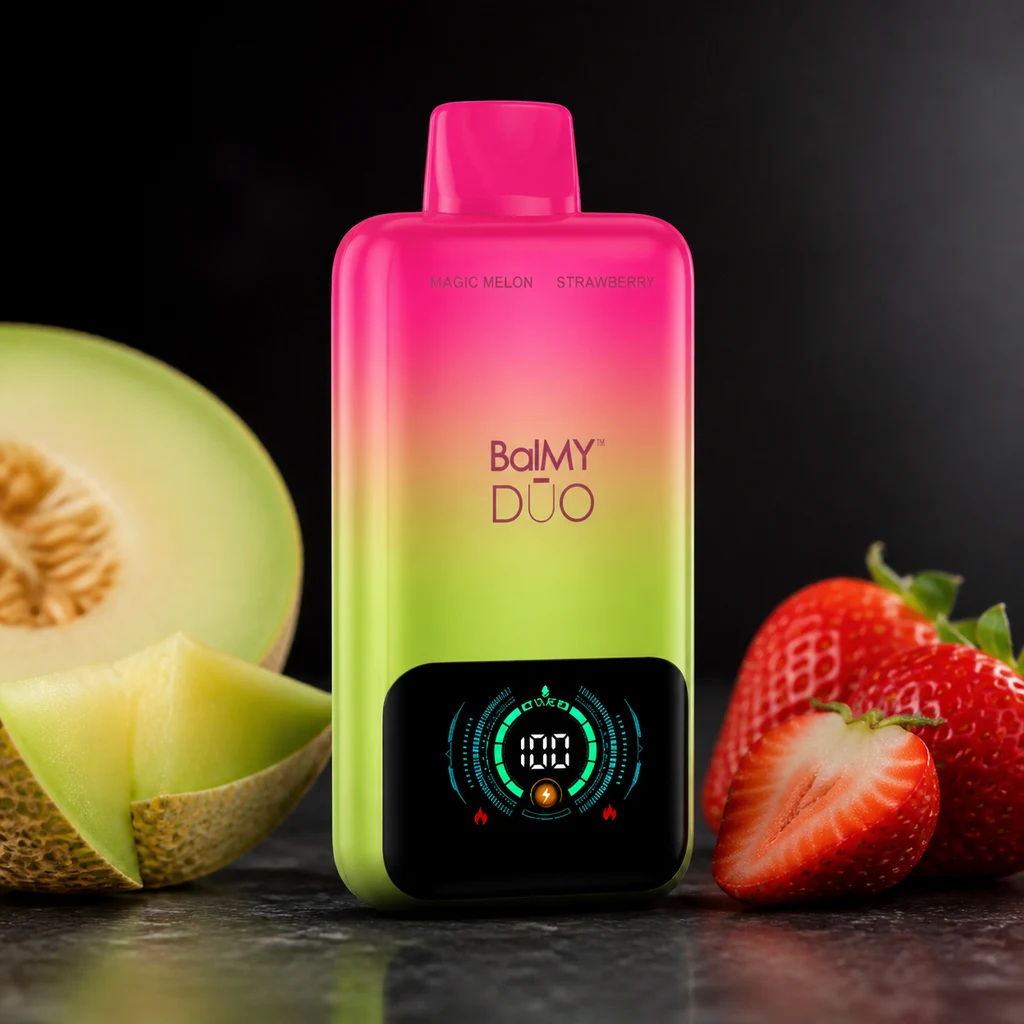 Balmy DŪO Magic Melon-Fresa con degradado rosa y verde y pantalla circular, entre melón y fresas sobre fondo negro.