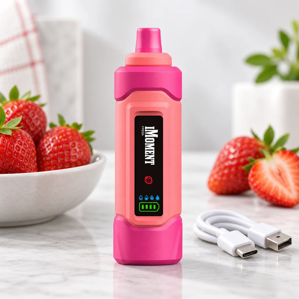 Escena generada de un vaper Strawberry rosa con pantalla frontal, junto a fresas y un cable USB sobre una encimera clara.
