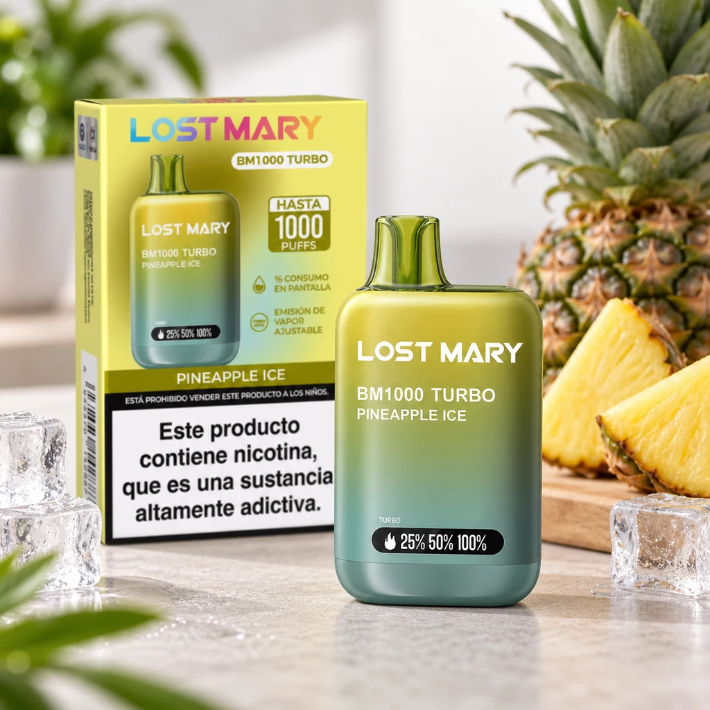 Vaper Lost Mary BM1000 Turbo Pineapple Ice en degradado amarillo y verde, junto a su caja, una piña cortada y cubitos de hielo.