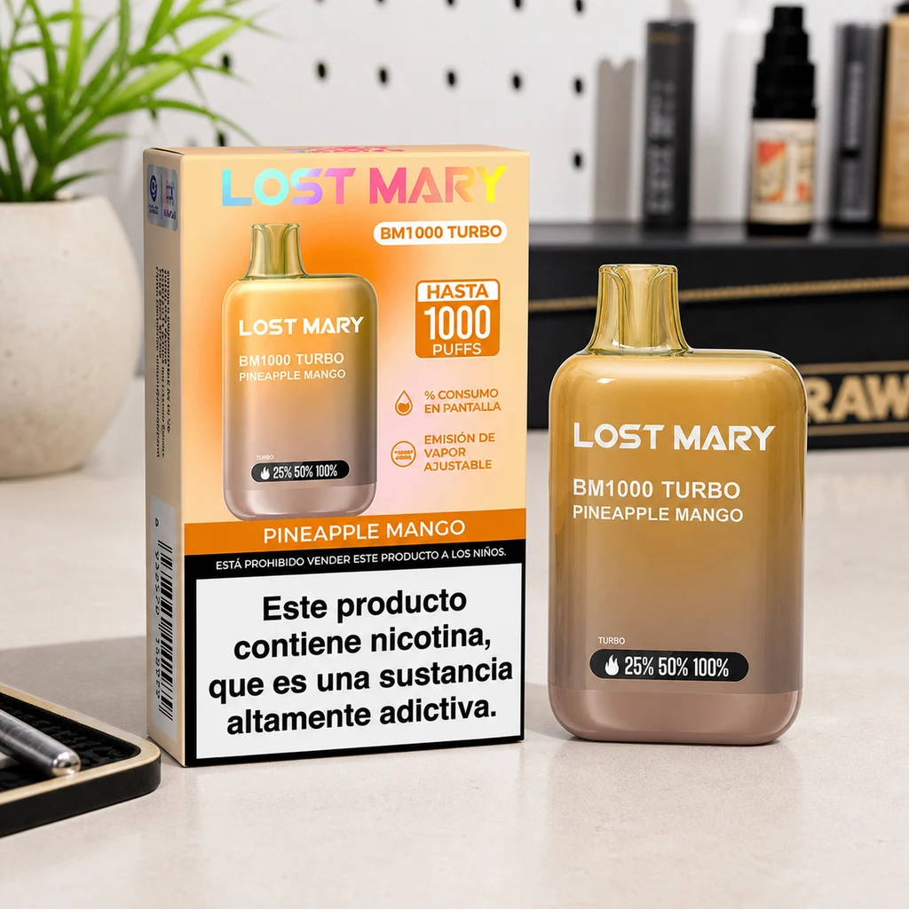Lost Mary BM1000 Turbo Pineapple Mango en tonos dorado y rosa junto a su caja, con indicador de porcentajes y advertencia de nicotina.