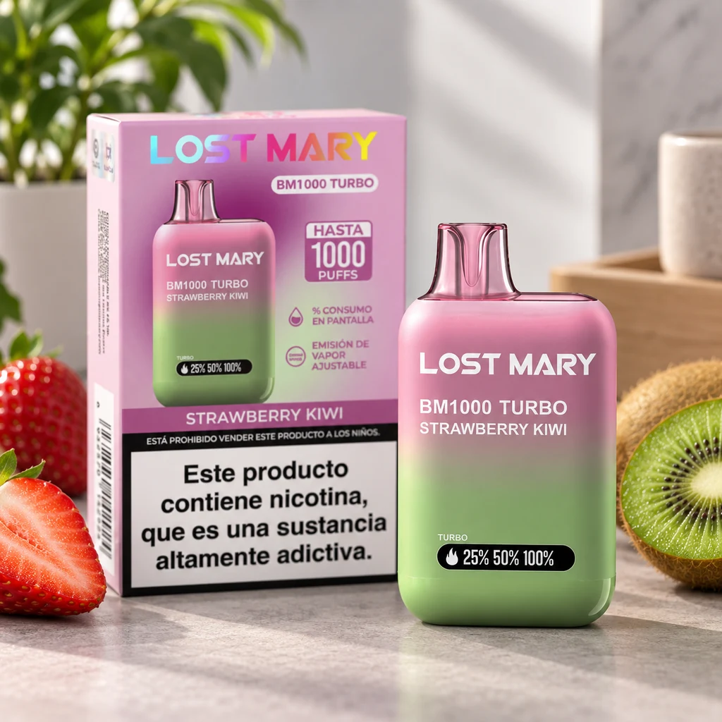 Vaper Lost Mary BM1000 Turbo Fresa Kiwi en degradado rosa y verde junto a su caja con advertencia de nicotina, fresas y kiwi.
