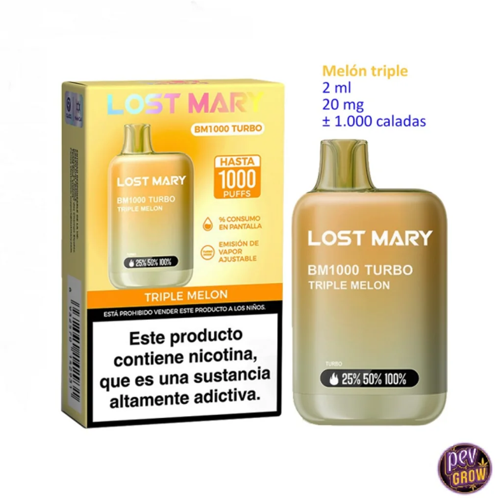 Vaper Lost Mary BM1000 Turbo Triple Melon junto a su caja amarilla, con indicador de porcentajes y advertencia sobre la nicotina.