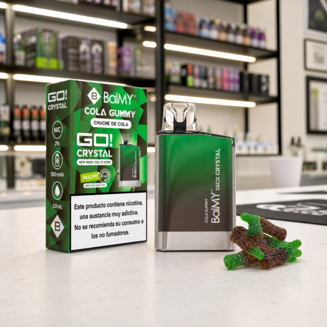 BalMY GO Crystal Cola Gummy verde junto a su caja y unas gominolas con forma de botella, sobre el mostrador de una tienda.