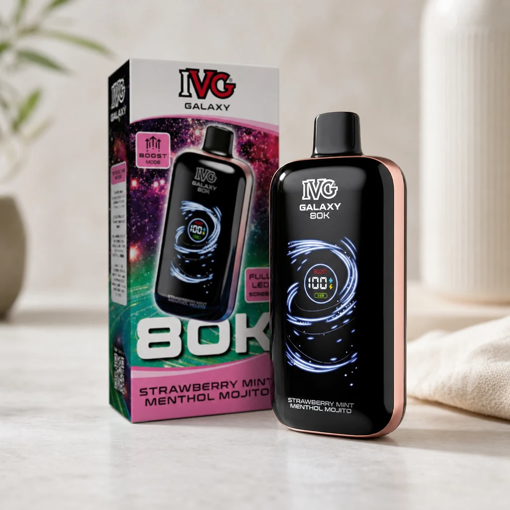 Vaper IVG Galaxy 80K negro con bordes rosados y pantalla frontal, junto a su caja rotulada Strawberry Mint Menthol Mojito.