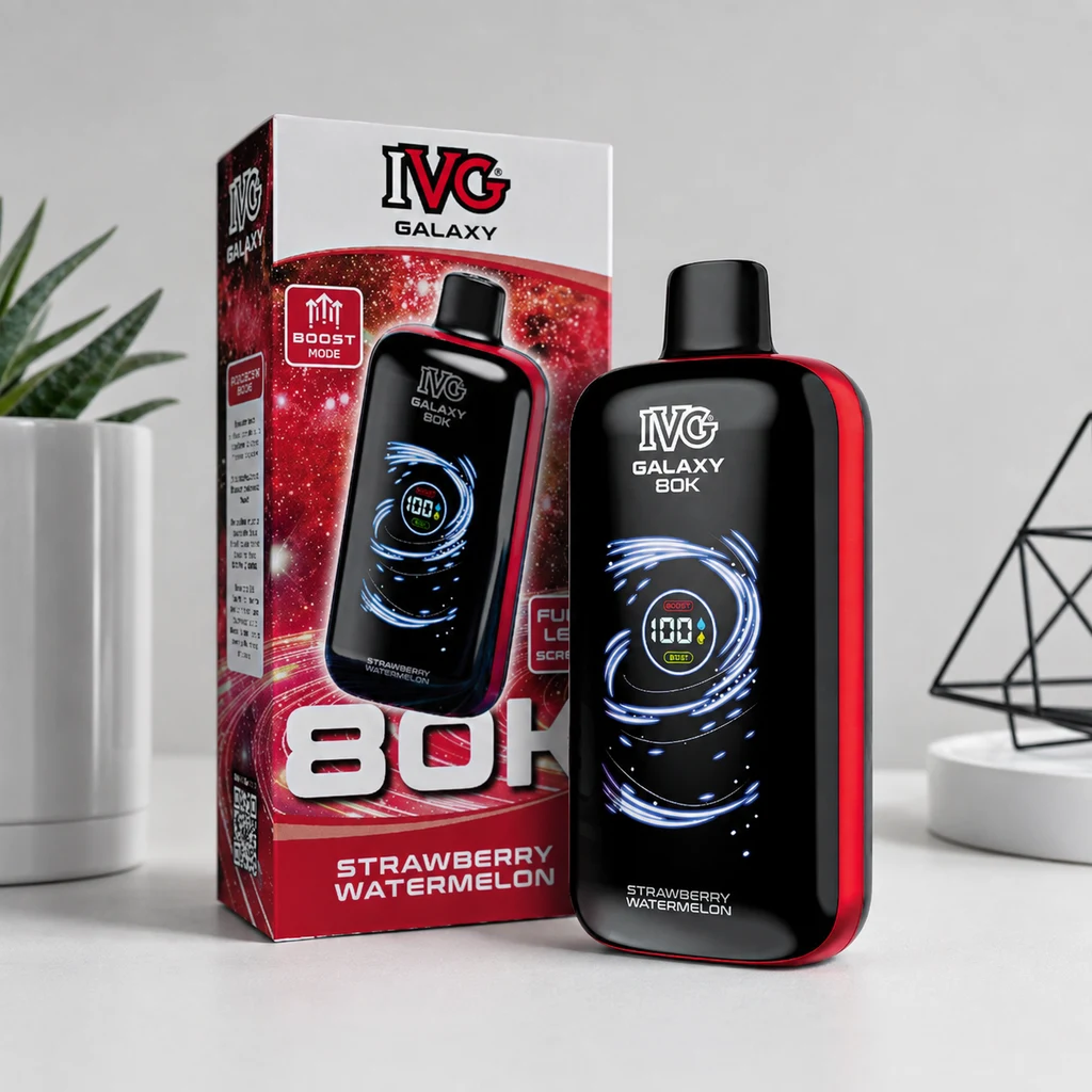 Vaper IVG Galaxy 80K negro y rojo con pantalla circular, junto a su caja con el texto «Strawberry Watermelon».