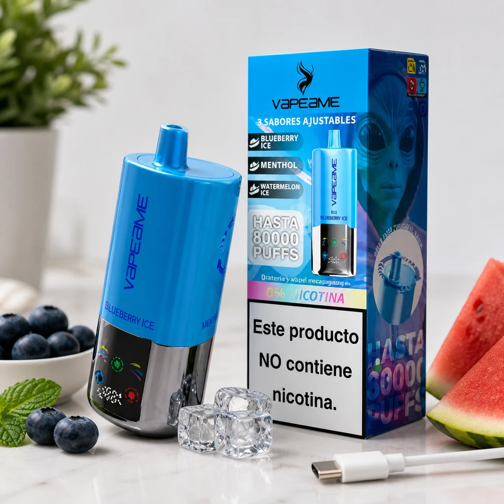 Vapeame azul junto a su caja con tres sabores indicados, arándanos, menta, sandía, hielo y cable USB-C sobre una mesa.