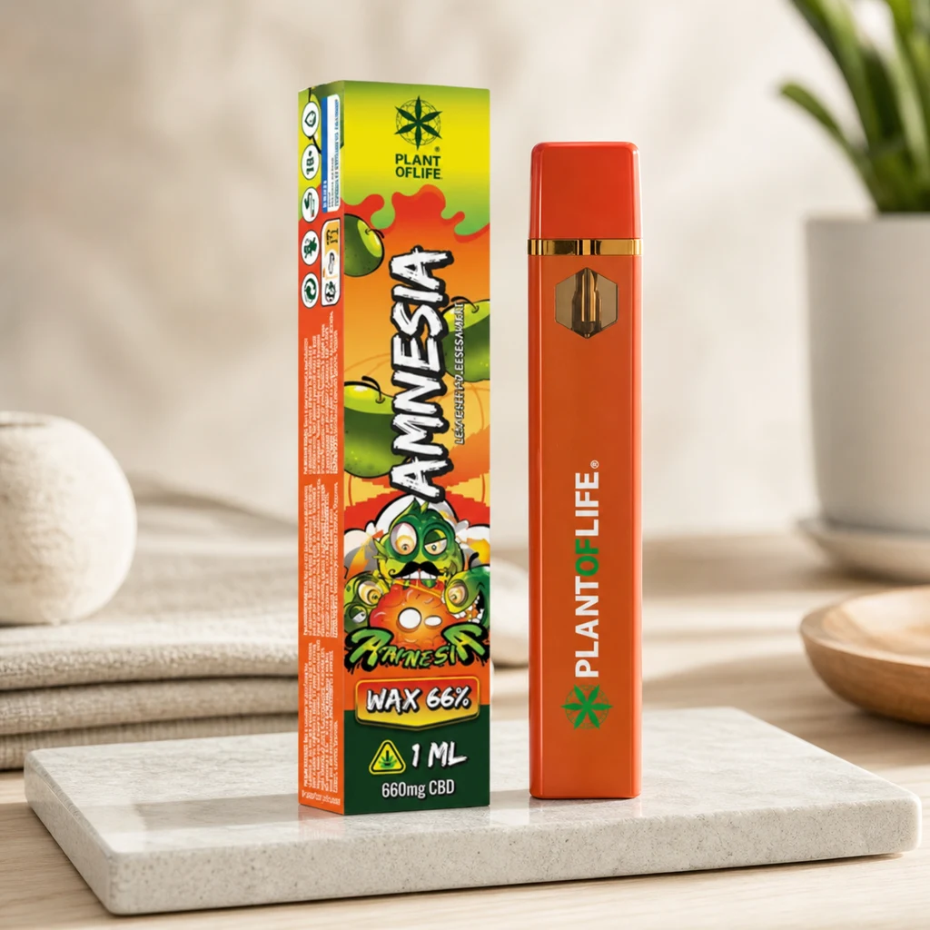 Vaper naranja Plant of Life junto a su caja Amnesia, con las indicaciones Wax 66%, 1 ml y 660 mg CBD, sobre una base clara.