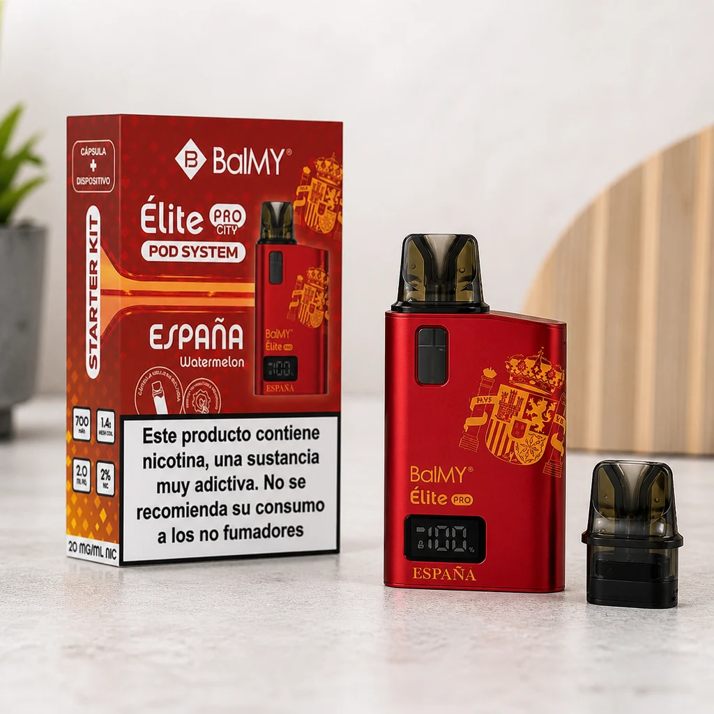 Vapeador Balmy Elite Pro Watermelon rojo con escudo de España y pantalla, junto a su caja y un cartucho separado.