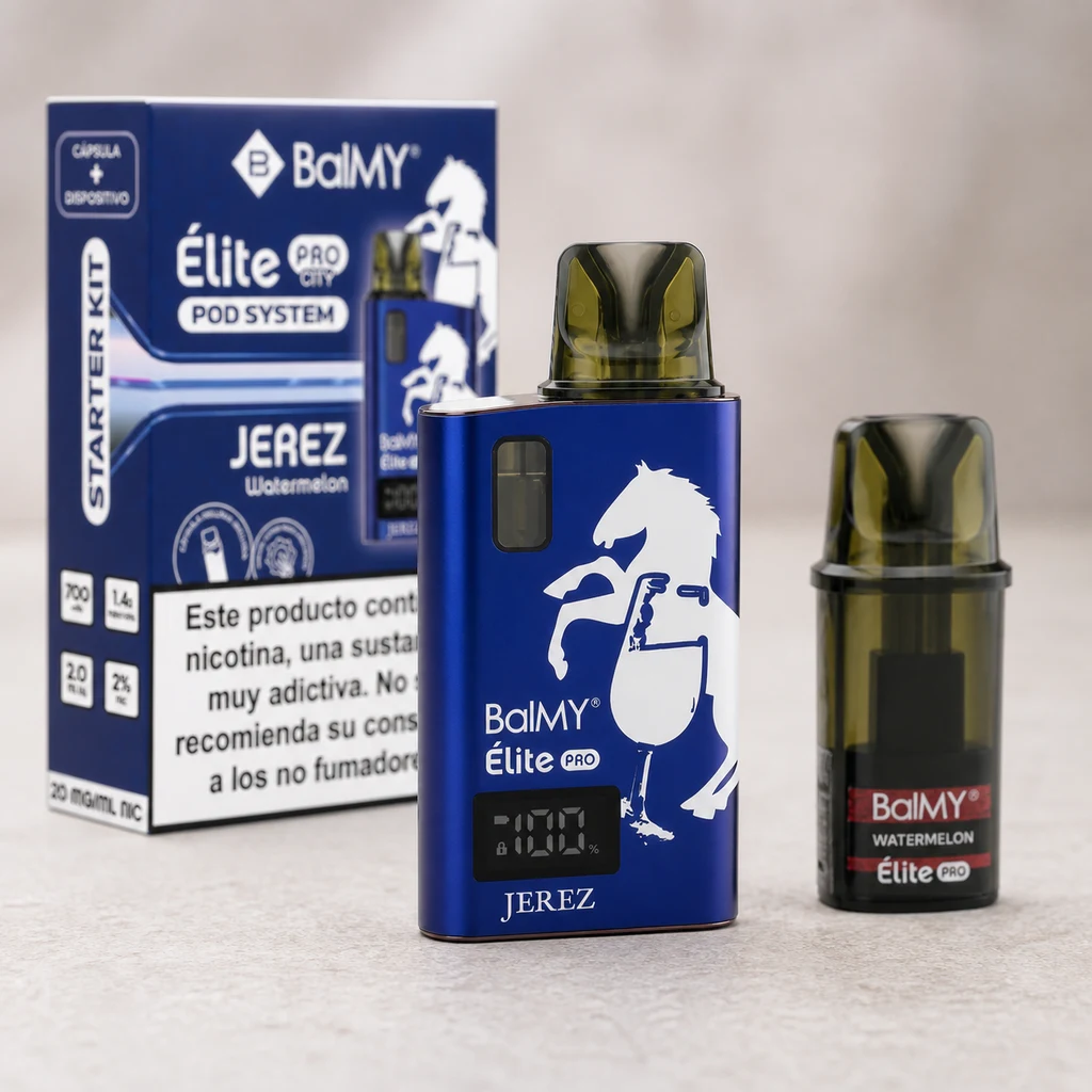 Vaper azul Balmy Élite Pro Jerez con caballo blanco y pantalla frontal, junto a un cartucho Watermelon y su caja sobre una superficie clara.