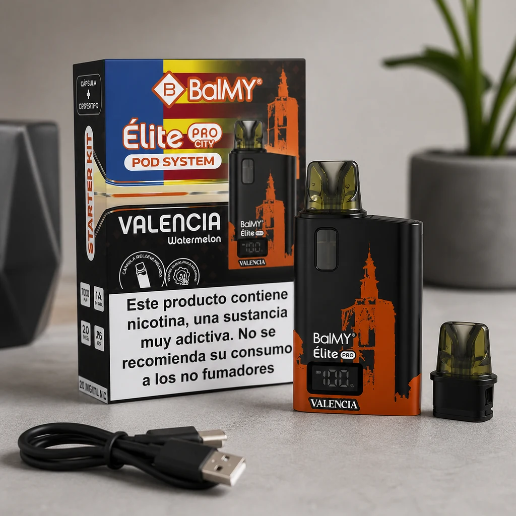 Escena generada del Balmy Elite Pro Valencia negro y naranja, junto a su caja Watermelon, un cartucho separado y un cable USB.