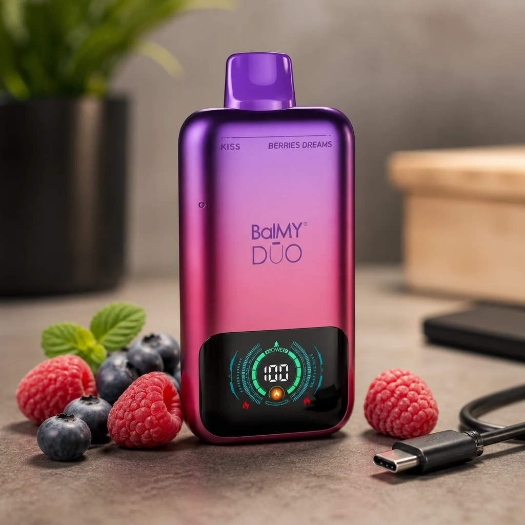Vaper Balmy DŪO Kiss-Berries Dreams con degradado violeta y rosa y pantalla frontal, junto a frutos rojos y un cable USB-C.