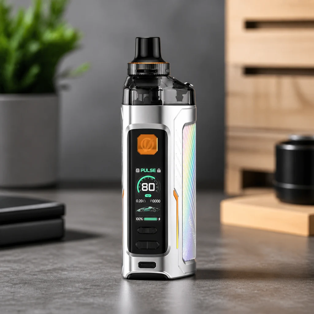 Vaporesso Armour G Silver de pie sobre una mesa, con pantalla frontal encendida, boquilla negra y panel lateral iridiscente. Vaporesso Armour G Silver de pie sobre una mesa, con pantalla frontal encendida, boquilla negra y panel lateral iridiscente.