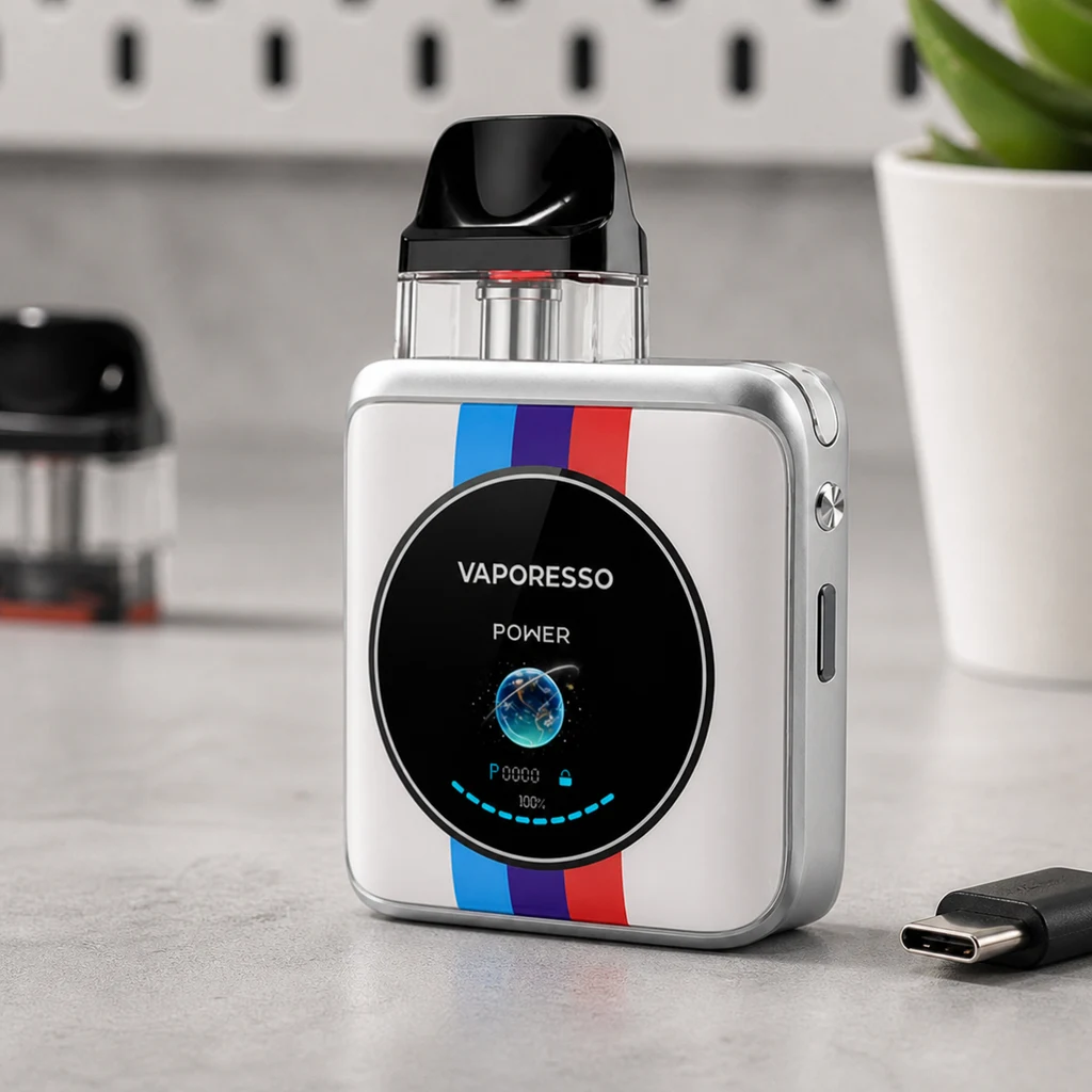 Vaporesso Xros 4 Nano Race Track plateado con franjas de colores, pantalla circular y boquilla negra, sobre una mesa junto a un cable USB-C.