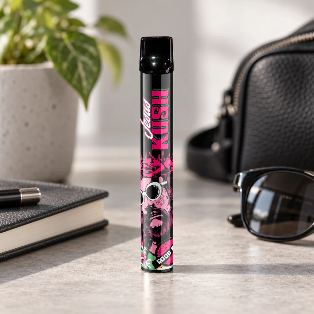 Vaper Jesus Kush de pie, con boquilla negra y diseño rosa y verde, sobre una mesa junto a unas gafas, una libreta y un bolso. Vaper Jesus Kush de pie, con boquilla negra y diseño rosa y verde, sobre una mesa junto a unas gafas, una libreta y un bolso.