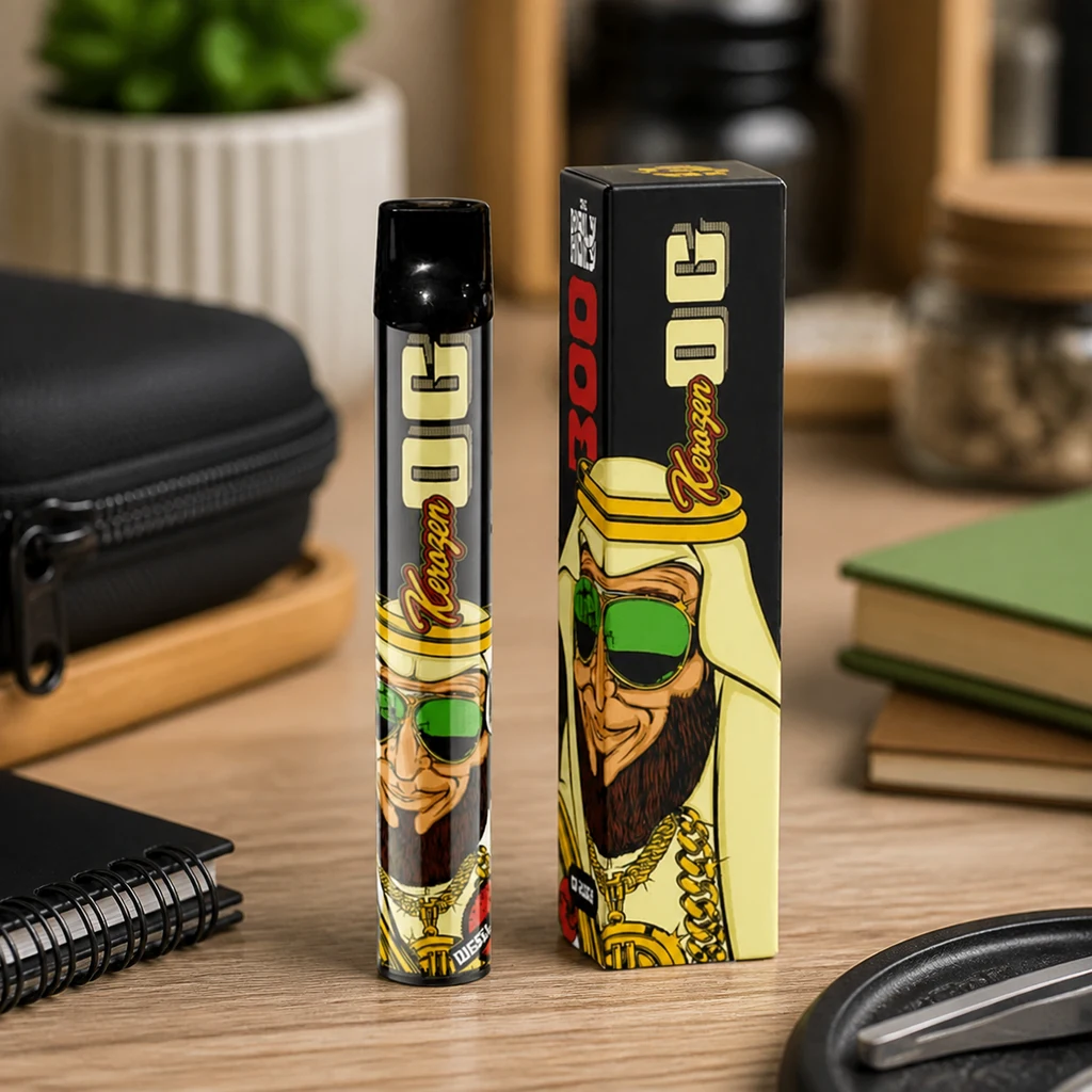 Vaper alargado con boquilla negra junto a su caja, ambos decorados con un personaje con gafas verdes y detalles amarillos.