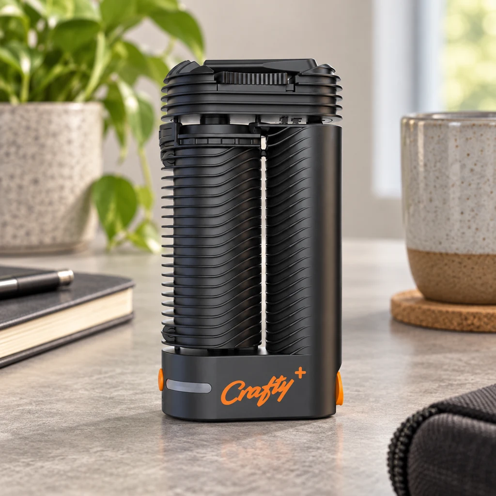 Vaporizador Crafty+ negro con cuerpo acanalado y detalles naranjas, sobre una mesa junto a una planta, un cuaderno y una taza.