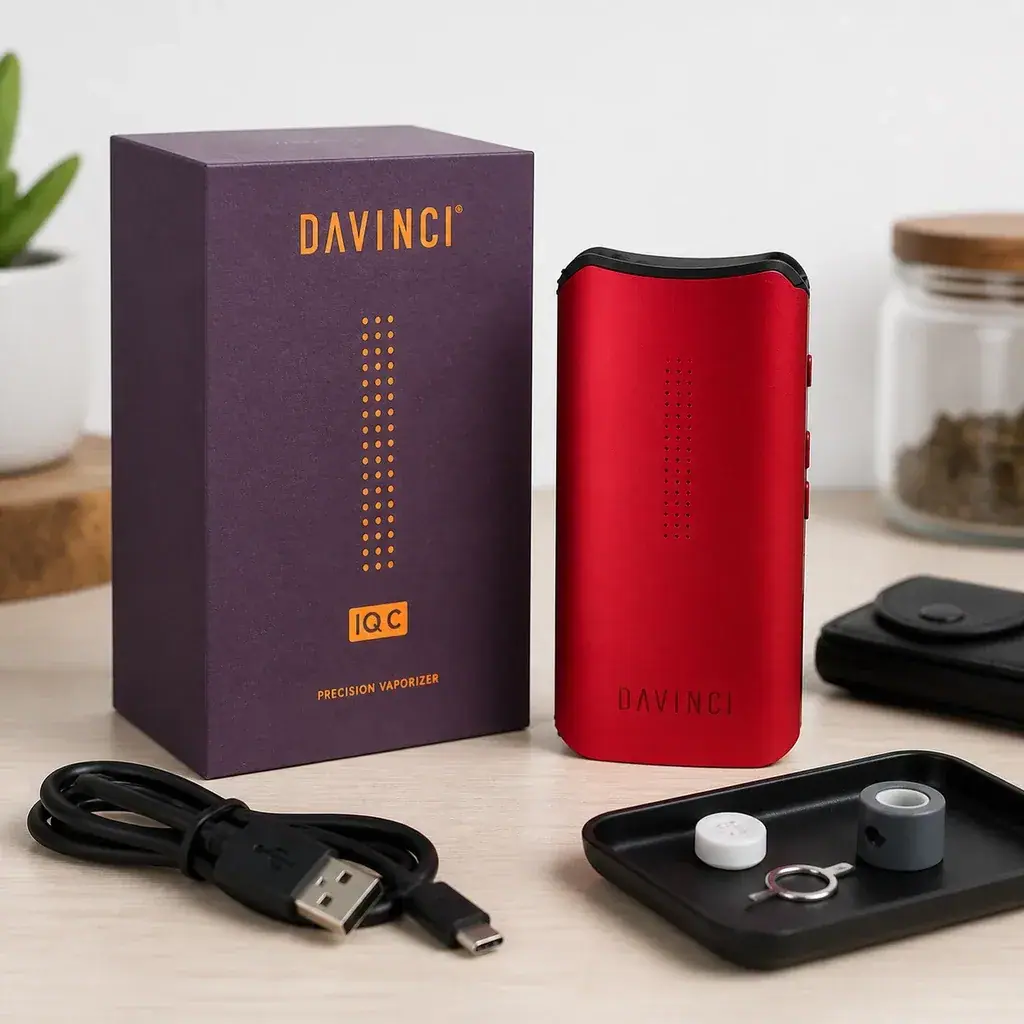 Escena generada del vaporizador DaVinci IQC rojo junto a su caja morada, cable USB y una bandeja con pequeños accesorios.