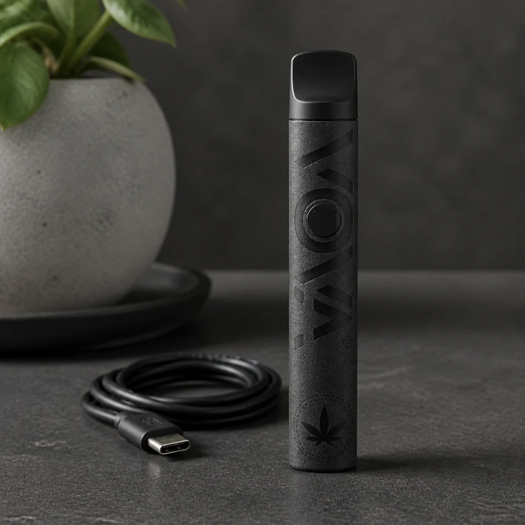 Vaporizador Volks negro en posición vertical, con botón circular y motivo de hoja, junto a un cable USB-C enrollado sobre una mesa oscura.
