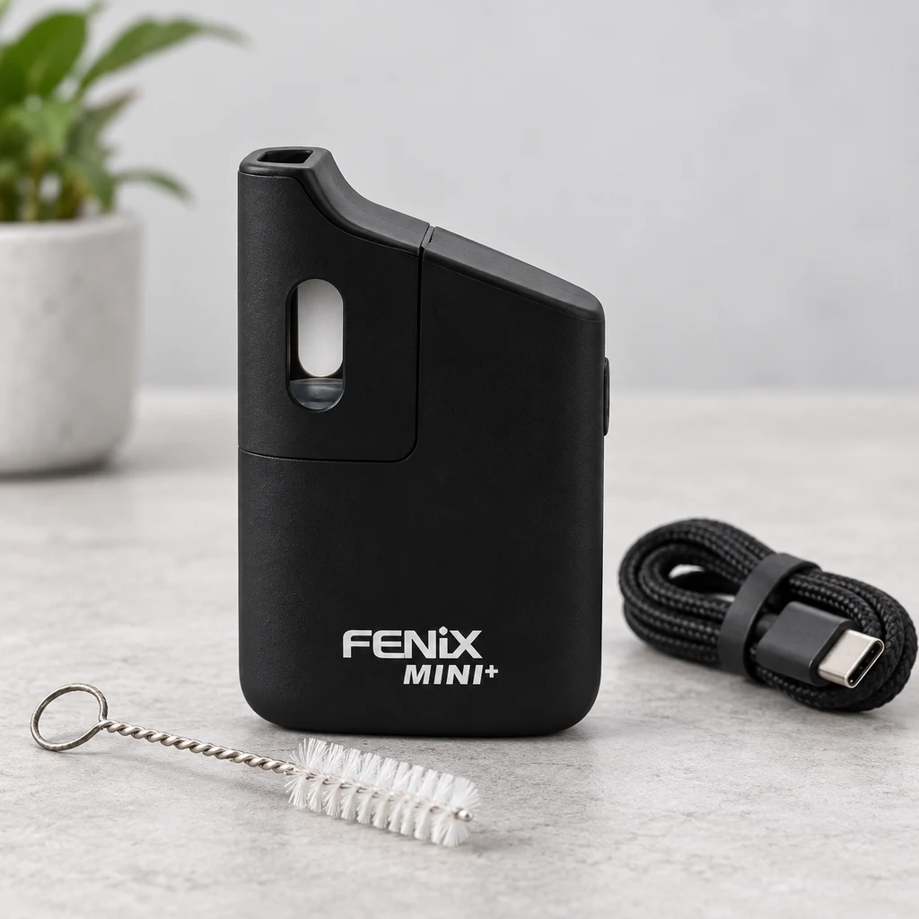 Vaporizador negro con inscripción FENiX MINI+, boquilla integrada y ventana lateral, junto a un cepillo y un cable USB.