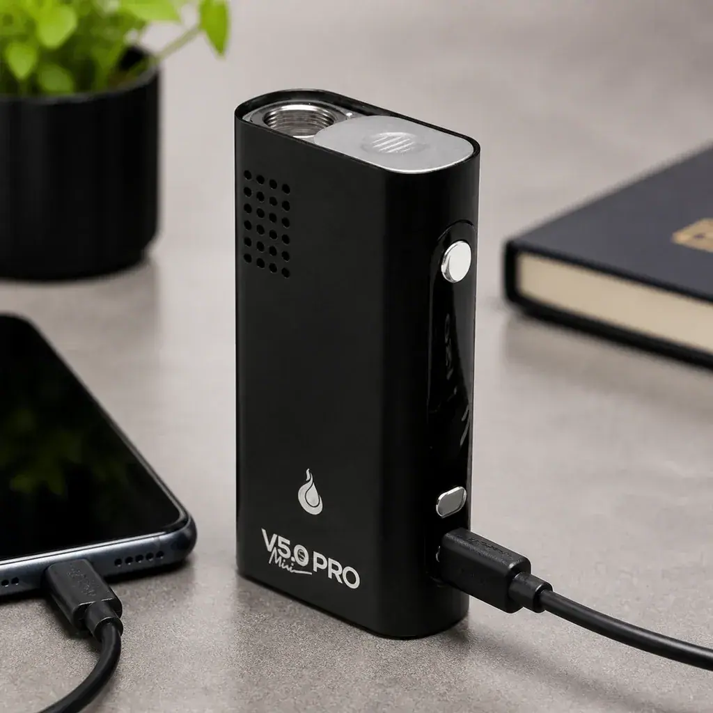 Escena generada del Flowermate V5 Mini Pro negro con cable conectado, junto a un móvil también conectado, un libro y una planta.
