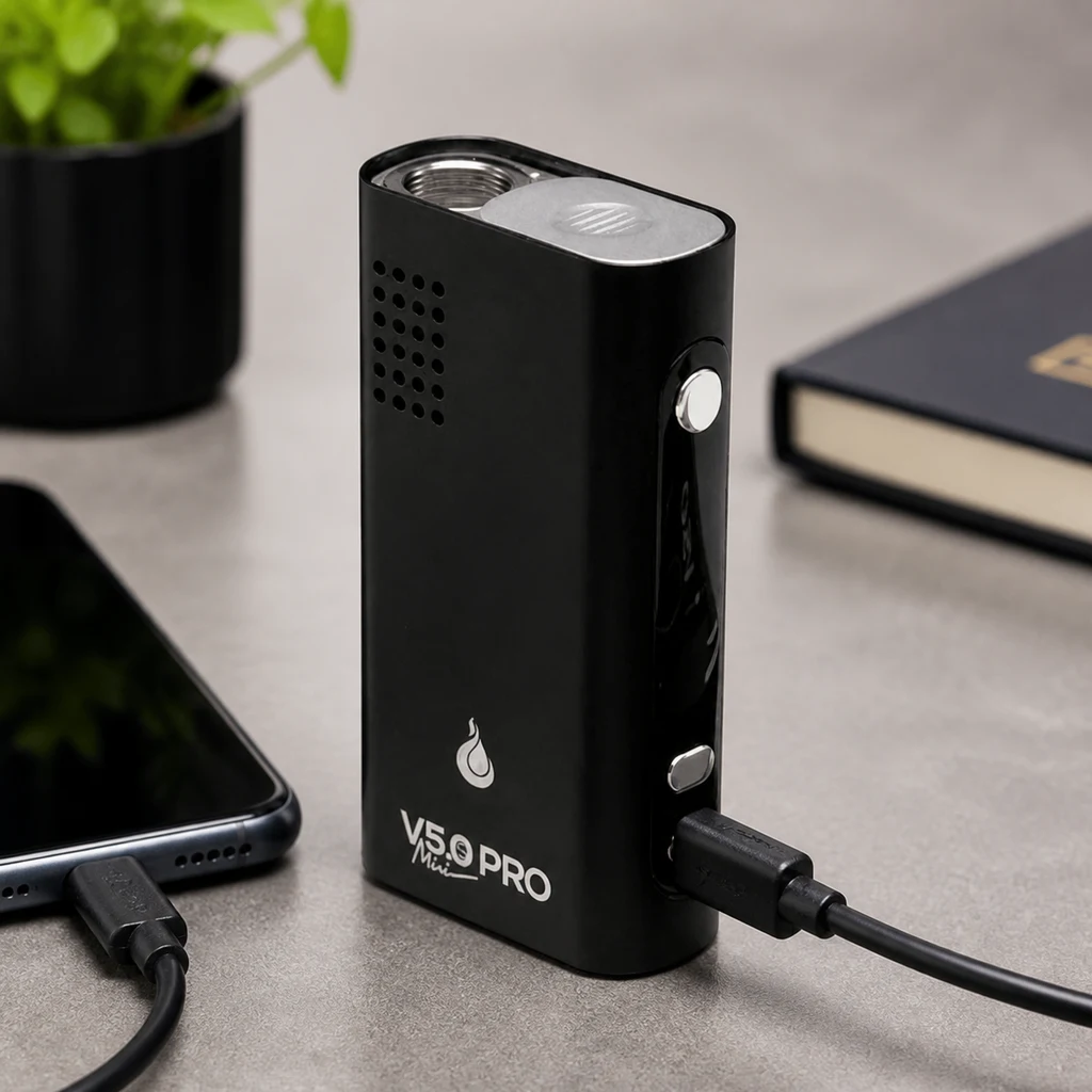 Escena generada del Flowermate V5 Mini Pro negro con cable conectado, junto a un móvil también conectado, un libro y una planta.