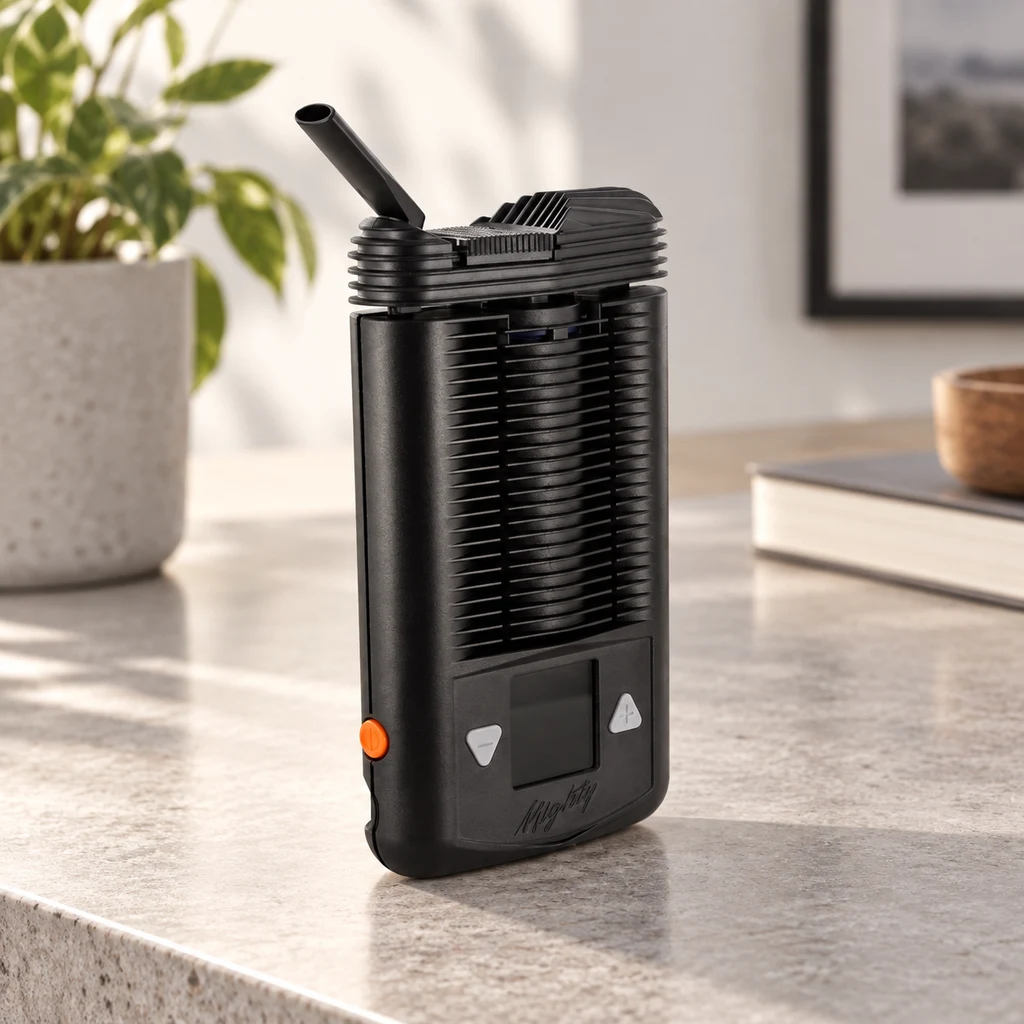 Vaporizador Mighty negro sobre una encimera, con boquilla inclinada, cuerpo acanalado, pantalla frontal y botón lateral naranja.