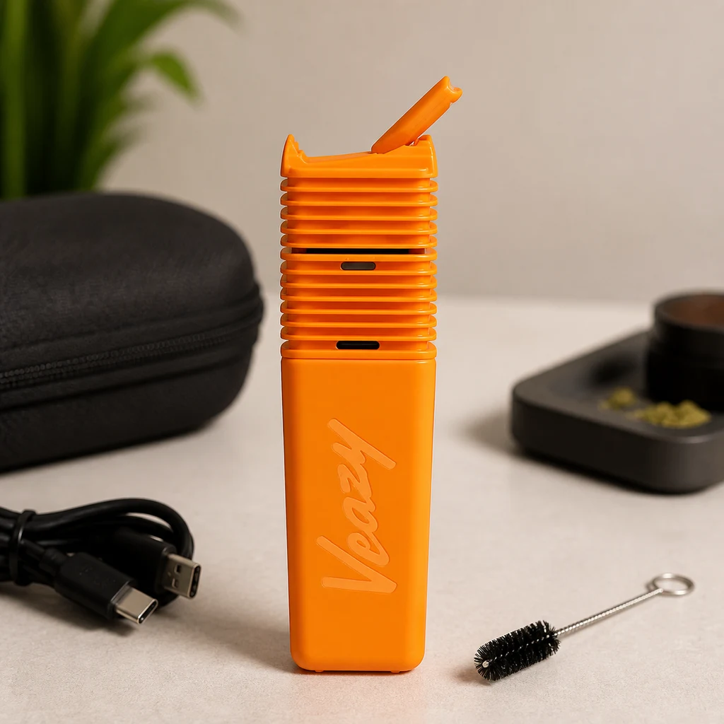 Vaporizador Veazy naranja con cuerpo acanalado y boquilla levantada, junto a un estuche negro, cable USB y cepillo.