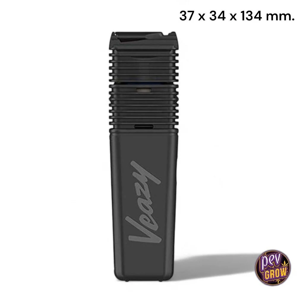 Vaporizador Veazy negro en posición vertical, con cuerpo alargado, parte superior acanalada y nombre en el frontal sobre fondo blanco.