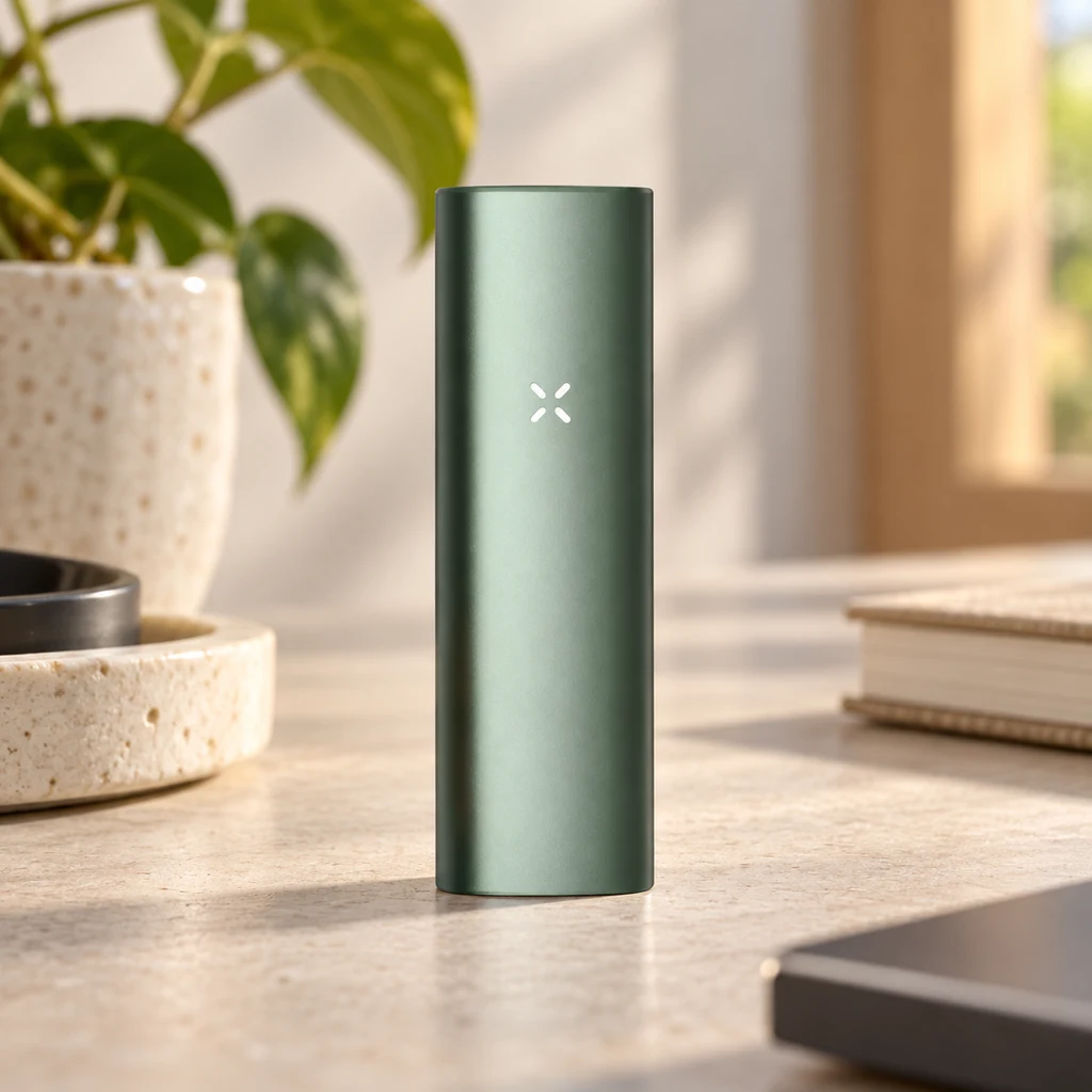 Vaporizador Pax Plus verde salvia de pie, con indicador blanco en forma de aspa, sobre una mesa junto a una planta y cuadernos.