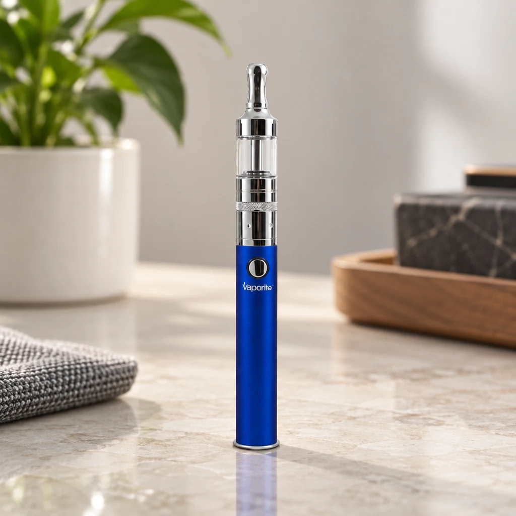 Vaporizador Vaporite de cuerpo azul, botón circular y depósito transparente con boquilla plateada, de pie sobre una encimera.